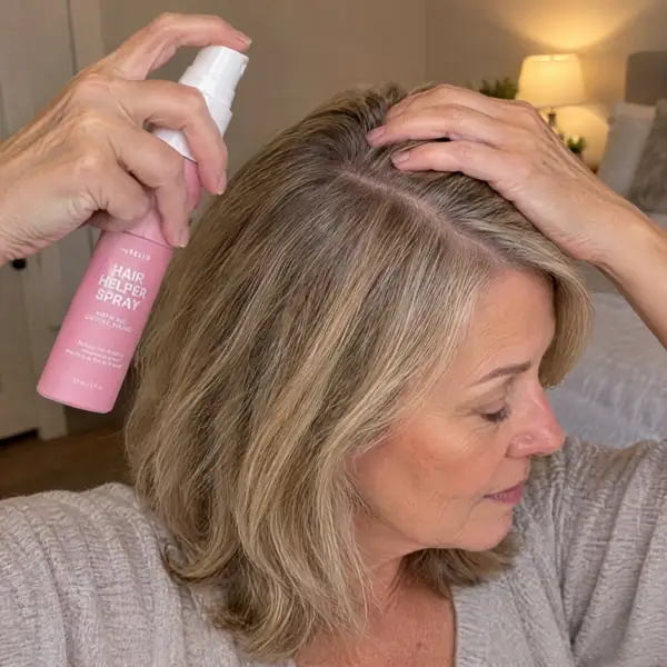 A mature woman applying Hair Helper directly along her part line