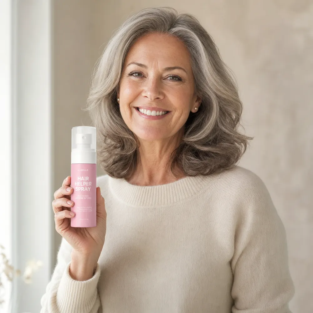 A smiling mature woman holding Hair Helper Scalp Spray