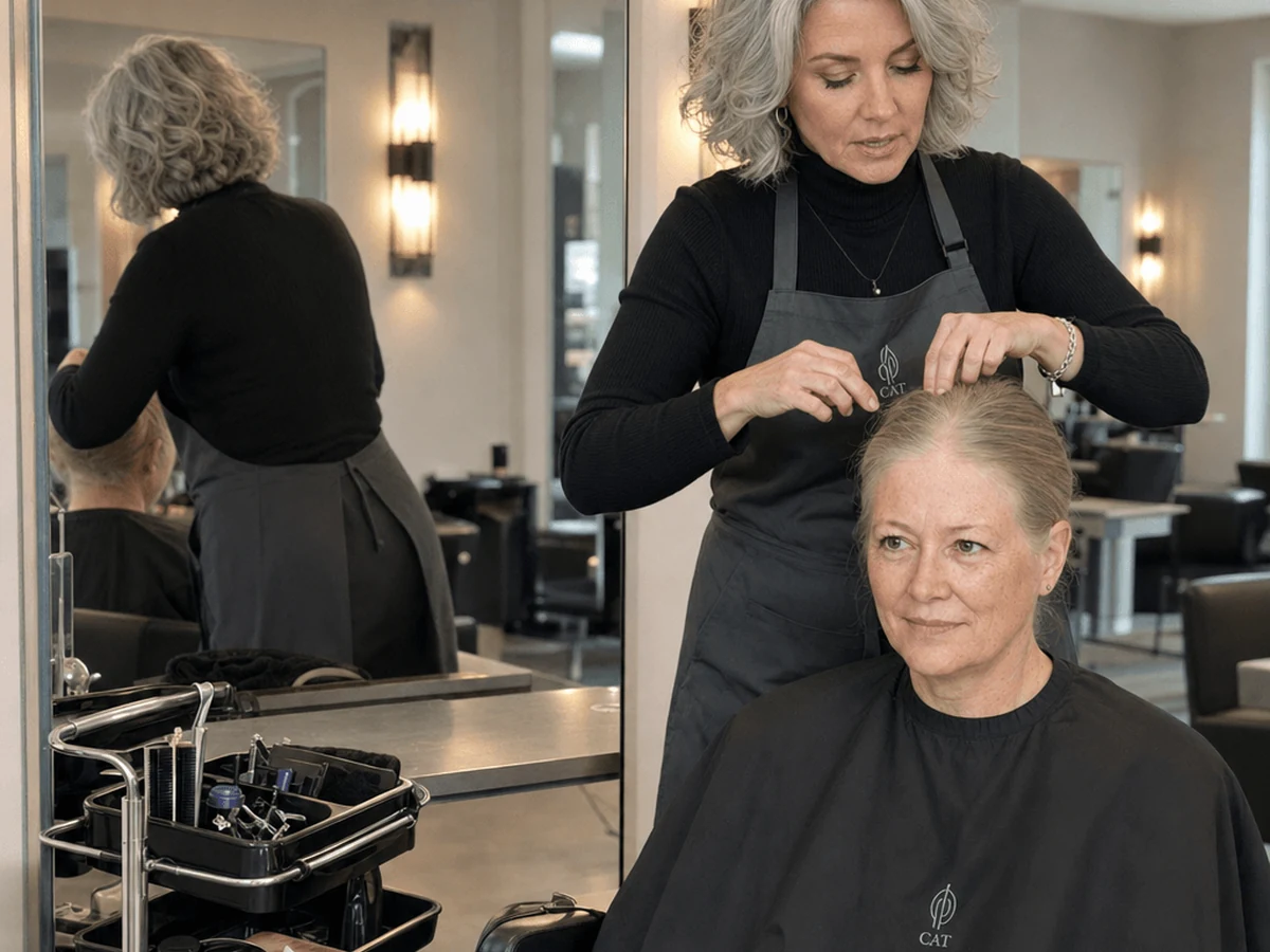 A hairstylist examining the part and crown of a mature client