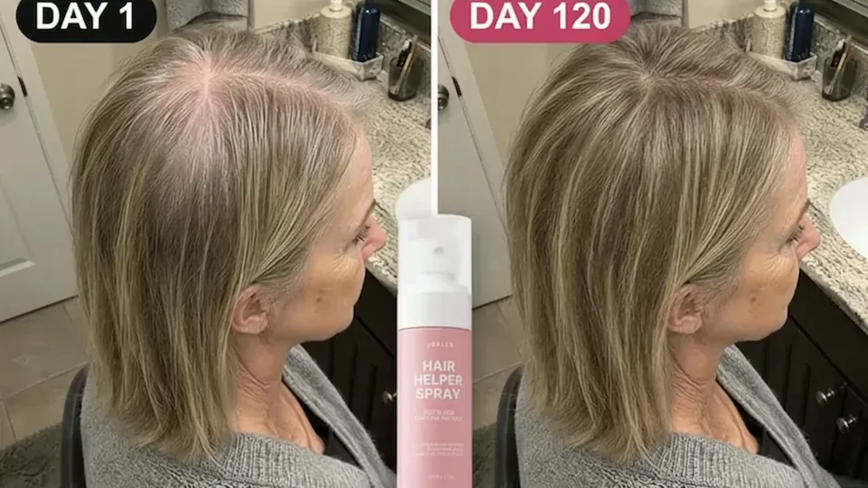 Day 1 versus day 120: a thinning part line followed by fuller-looking hair, beside Hair Helper Spray