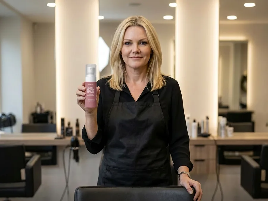 Lisa Renner in her salon holding Hair Helper Scalp Spray