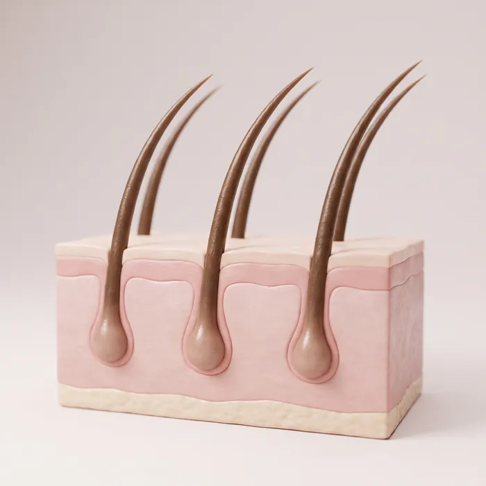 Animation of hair follicles producing finer, shorter strands over repeated cycles