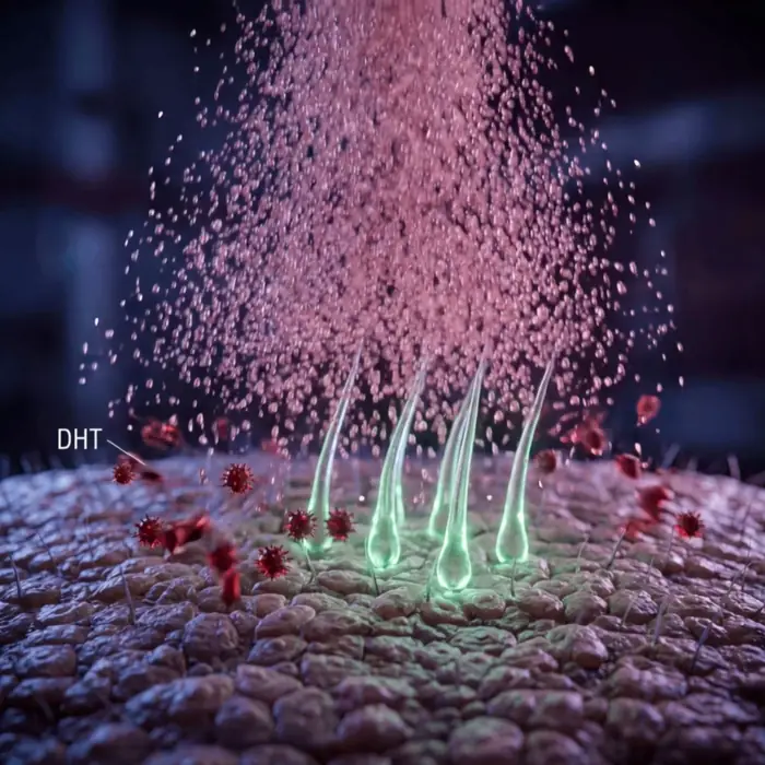 Animation showing a topical mist reaching the scalp around the hair roots
