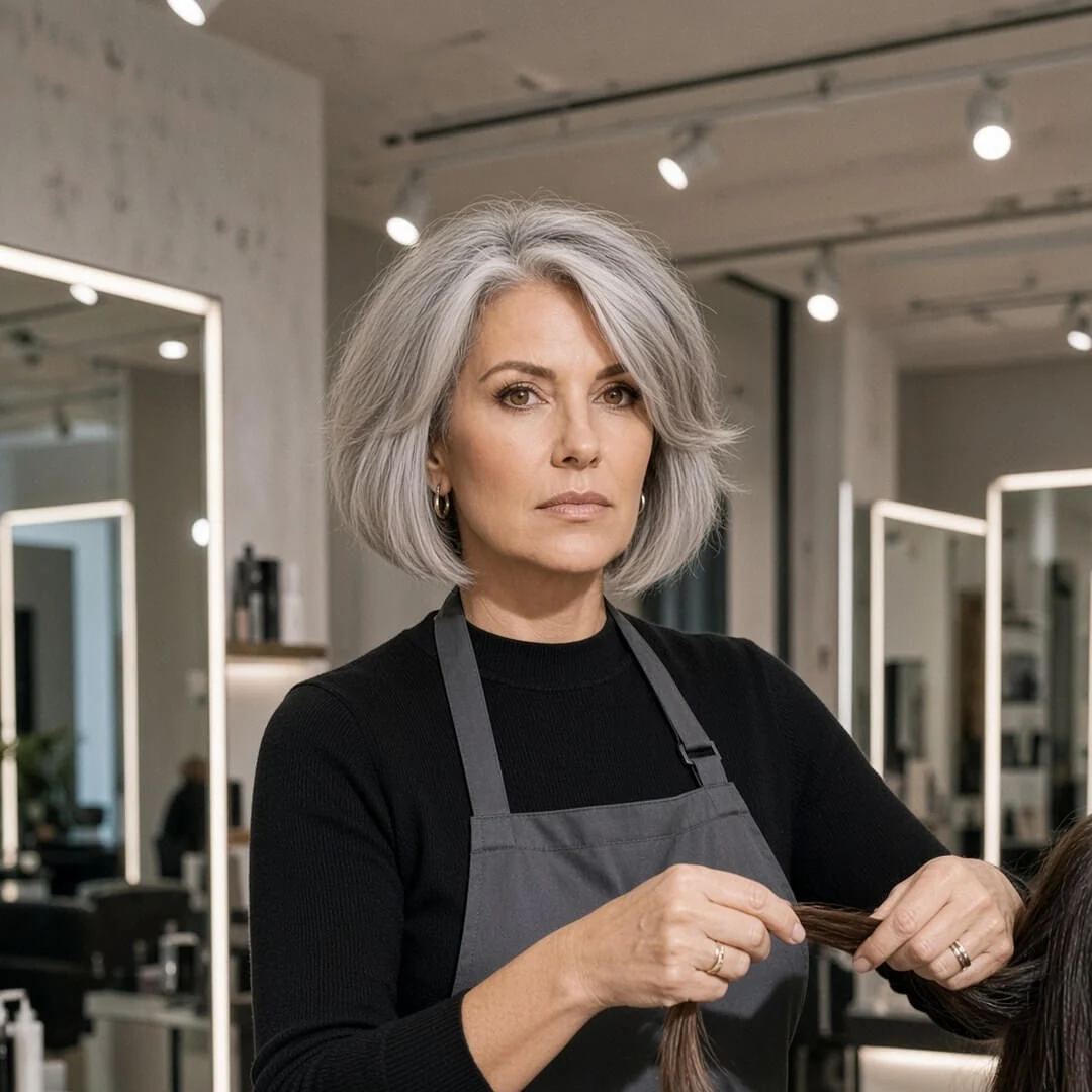 A mature hairstylist examining the lengths of a client's hair