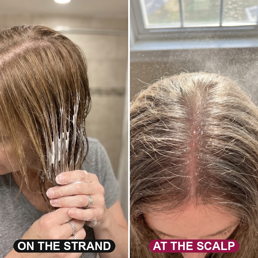 Split image: conditioner coating the hair lengths with the roots untouched, versus a fine mist landing directly on the scalp along the part