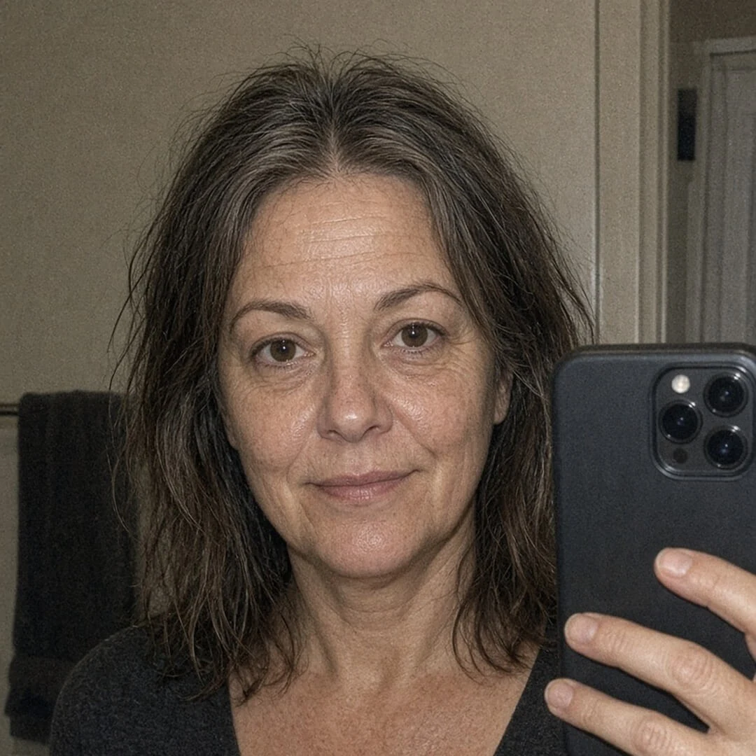A mature woman checking her part line in the mirror after following her routine