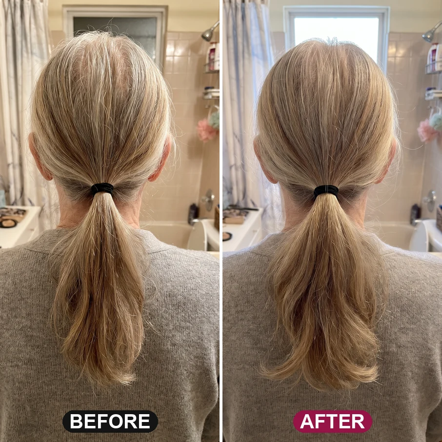 Before and after: a woman in her late 60s with a thin ponytail and visible scalp, then a fuller ponytail